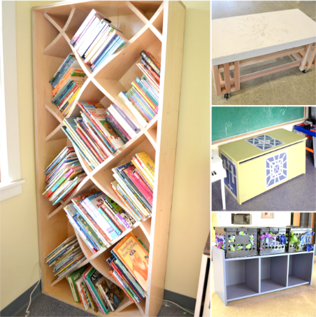 Clockwise, Left to Bottom Right: X-shelves with donated children's books, concrete top coffee table with leaf imprints, toy chest, and toy cubby/bench