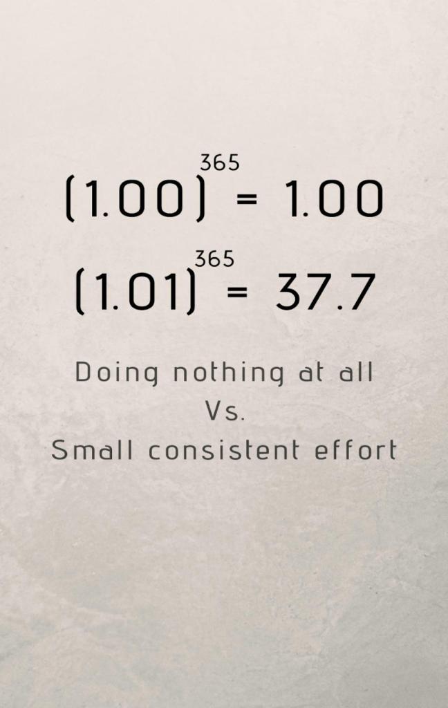 1.00^365 = 1.00, 1.01^365 = 37.7. Doing nothing at all vs small consistent effort