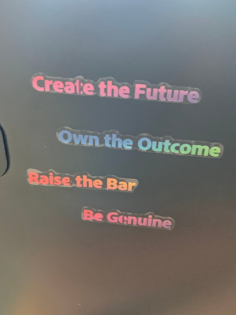 Adobe's values: Create the future, own the outcome, raise the bar, be genuine